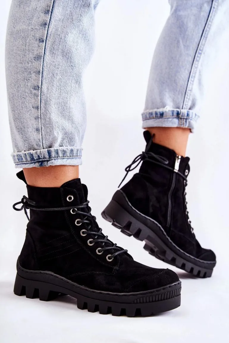 Zamszowe Wiosenne Botki Trapery Z Przeszyciami Czarne Layden