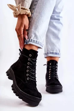 Zamszowe Wiosenne Botki Trapery Z Przeszyciami Czarne Layden