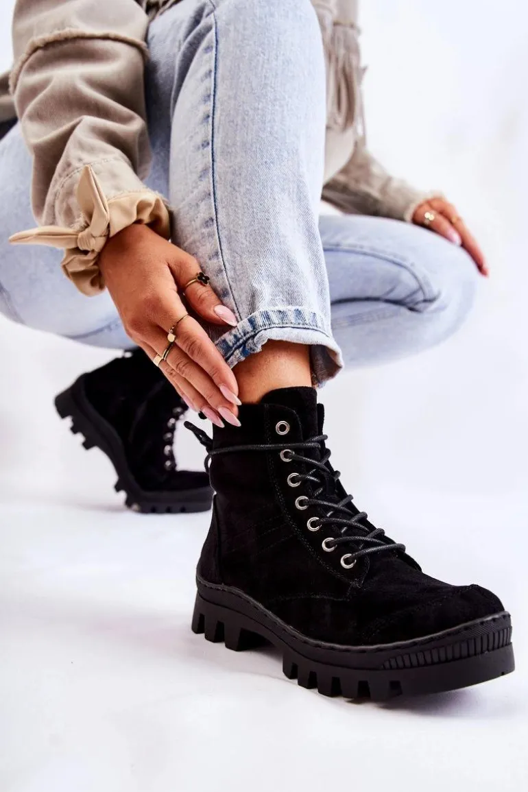 Zamszowe Wiosenne Botki Trapery Z Przeszyciami Czarne Layden