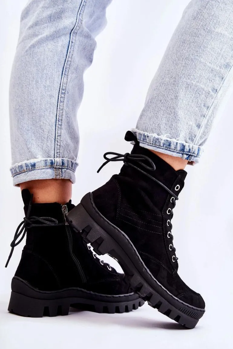 Zamszowe Wiosenne Botki Trapery Z Przeszyciami Czarne Layden