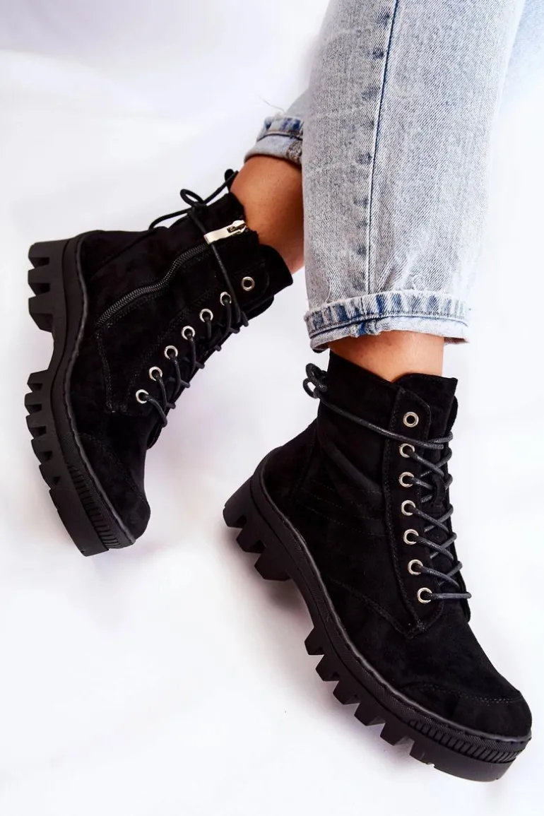 Zamszowe Wiosenne Botki Trapery Z Przeszyciami Czarne Layden