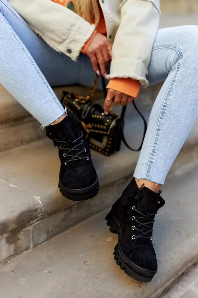 Zamszowe Wiosenne Botki Trapery Wiązane Czarne Dalles