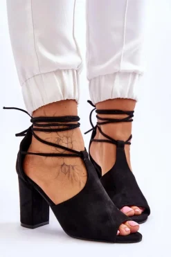 Zamszowe Wiązane Sandały Na Obcasie Czarne Sophie