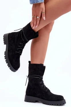 Zamszowe Workery Botki Na Płaskim Obcasie Czarne Jence