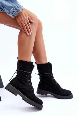 Zamszowe Workery Botki Na Płaskim Obcasie Czarne Jence