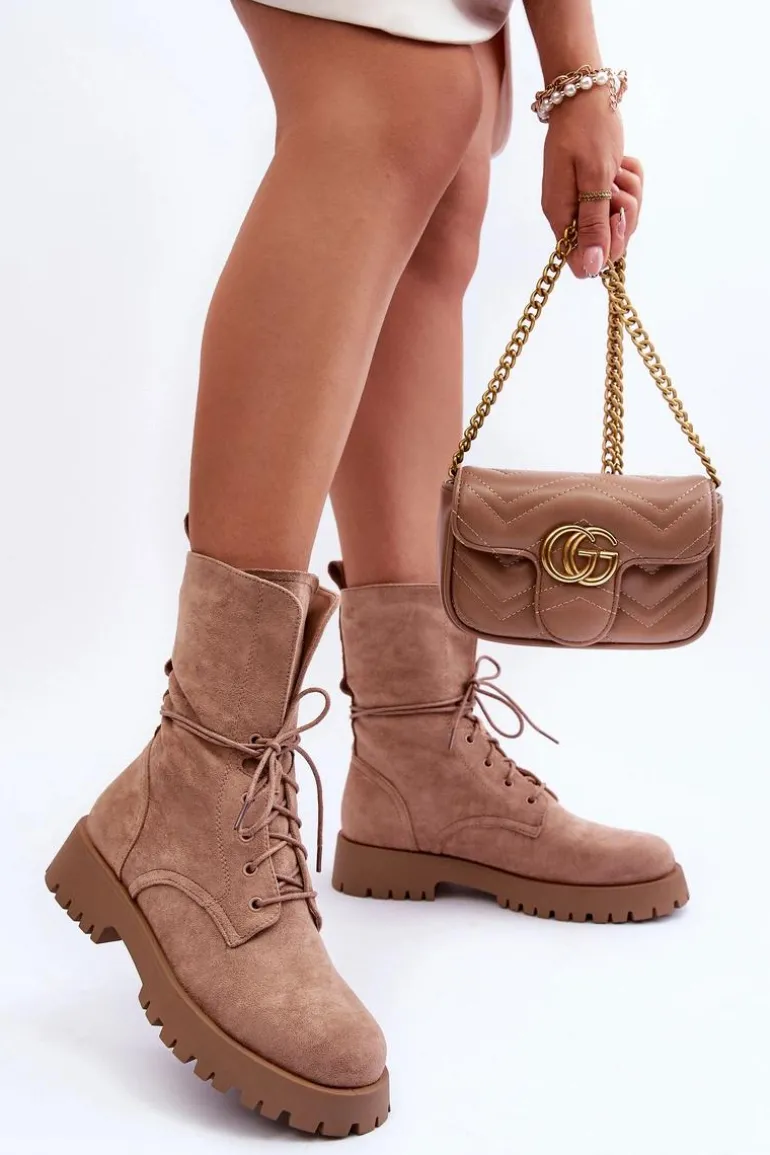 Zamszowe Workery Botki Na Płaskim Obcasie Beżowe Jence