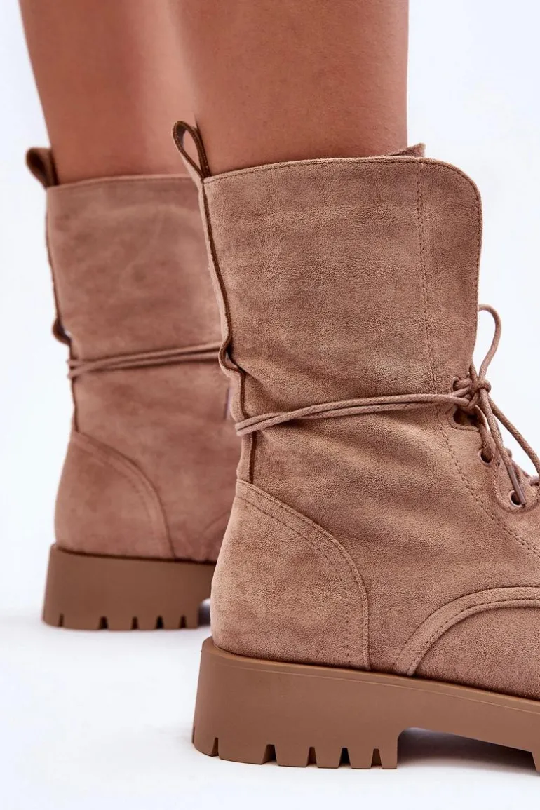 Zamszowe Workery Botki Na Płaskim Obcasie Beżowe Jence