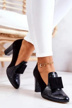 Zamszowe Wężowe Czółenka Czarne Kathleen