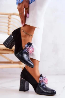 Zamszowe Wężowe Czółenka Na Słupku Czarne Sofie