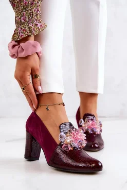 Zamszowe Wężowe Czółenka Z Ozdobą Bordowe Mallory