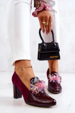 Zamszowe Wężowe Czółenka Z Ozdobą Bordowe Mallory