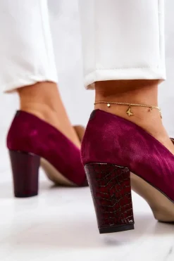 Zamszowe Wężowe Czółenka Z Ozdobą Bordowe Mallory