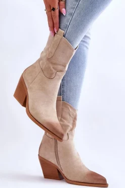 Zamszowe Wsuwane Botki Kowbojki Beżowe Sevilla