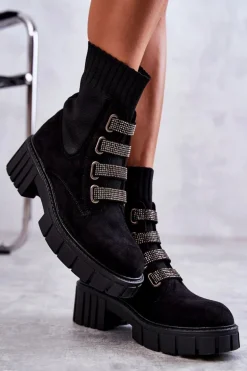 Zamszowe Wsuwane Botki Skarpetkowe Czarne Hope