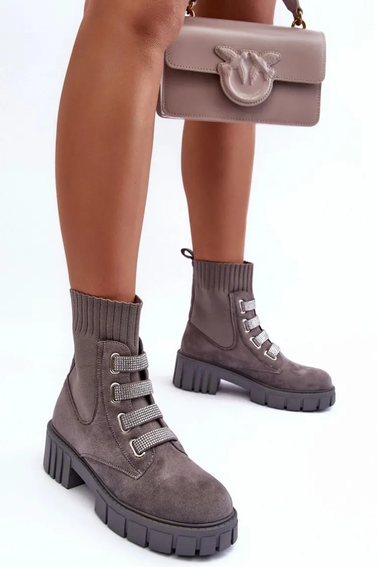 Zamszowe Wsuwane Botki Skarpetkowe Szare Hope