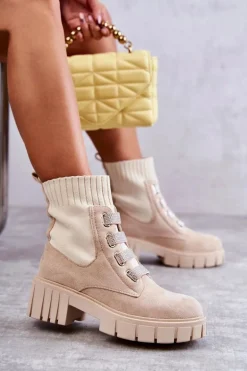 Zamszowe Wsuwane Botki Skarpetkowe Beżowe Hope