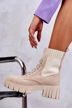 Zamszowe Wsuwane Botki Skarpetkowe Beżowe Hope