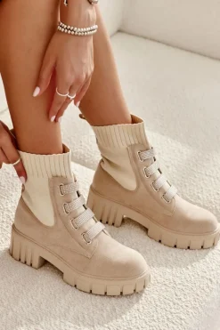 Zamszowe Wsuwane Botki Skarpetkowe Beżowe Hope