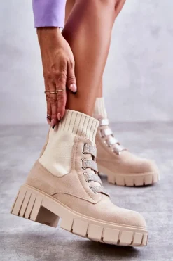 Zamszowe Wsuwane Botki Skarpetkowe Beżowe Hope