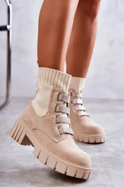 Zamszowe Wsuwane Botki Skarpetkowe Beżowe Hope