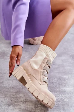 Zamszowe Wsuwane Botki Skarpetkowe Beżowe Hope