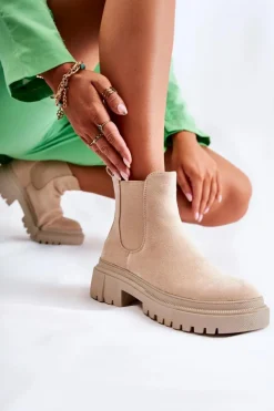 Zamszowe Wsuwane Botki Workery Beżowe Lorea