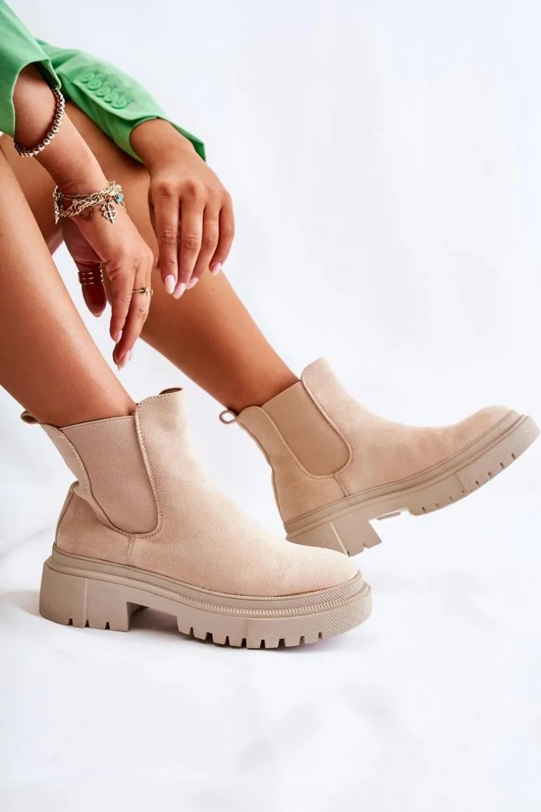 Zamszowe Wsuwane Botki Workery Beżowe Lorea