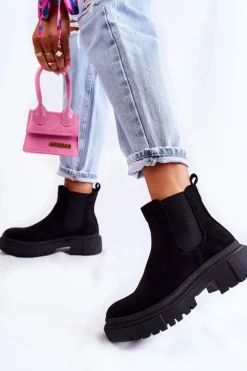 Zamszowe Wsuwane Botki Workery Czarne Lorea