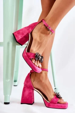 Zamszowe Wygodne Sandały Z Kryształami Fuksja Absence