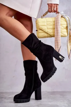 Zamszowe Wysokie Botki Na Słupku Czarne Volter