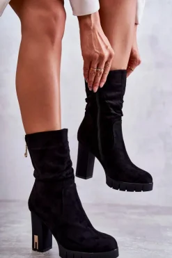 Zamszowe Wysokie Botki Na Słupku Czarne Volter