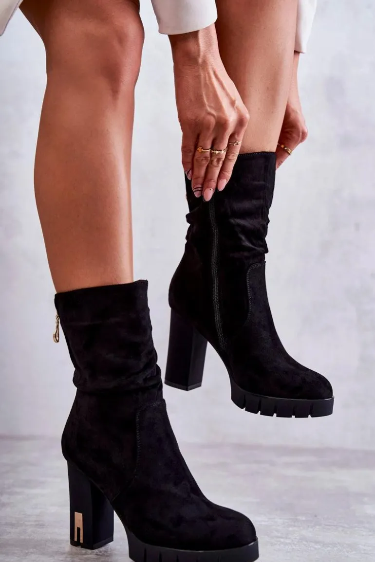 Zamszowe Wysokie Botki Na Słupku Czarne Volter