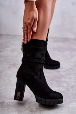 Zamszowe Wysokie Botki Na Słupku Czarne Volter