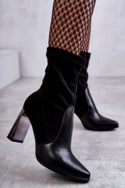 Zamszowe Wysokie Botki Na Obcasie Laura Messi 2527 Czarne