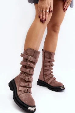 Zamszowe Wysokie Botki Workery Z Paskami Ciemnobeżowe Elnatea