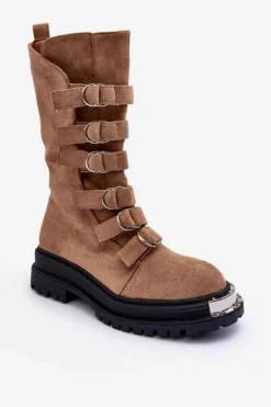 Zamszowe Wysokie Botki Workery Z Paskami Beżowe Elnatea