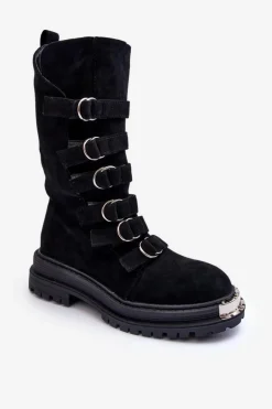 Zamszowe Wysokie Botki Workery Z Paskami Czarne Elnatea