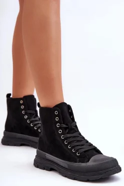 Zamszowe Wysokie Trampki Damskie Czarne Eleamia