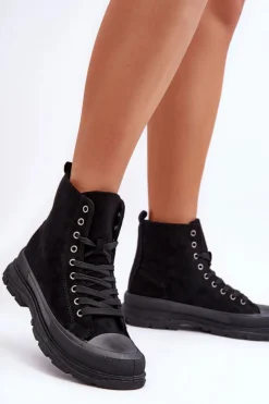 Zamszowe Wysokie Trampki Damskie Czarne Eleamia