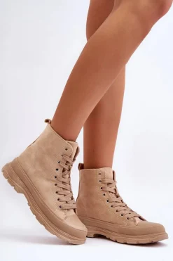 Zamszowe Wysokie Trampki Damskie Ciemnobeżowe Eleamia