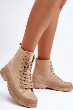 Zamszowe Wysokie Trampki Damskie Ciemnobeżowe Eleamia