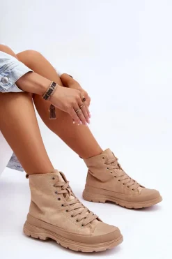 Zamszowe Wysokie Trampki Damskie Ciemnobeżowe Eleamia