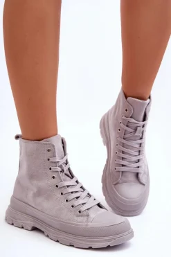 Zamszowe Wysokie Trampki Damskie Szare Eleamia