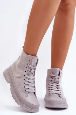Zamszowe Wysokie Trampki Damskie Szare Eleamia