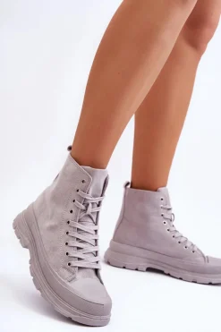 Zamszowe Wysokie Trampki Damskie Szare Eleamia