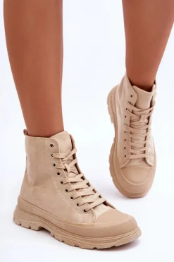 Zamszowe Wysokie Trampki Damskie Beżowe Eleamia
