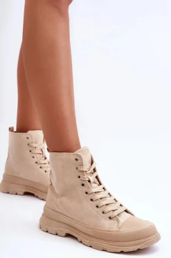 Zamszowe Wysokie Trampki Damskie Beżowe Eleamia