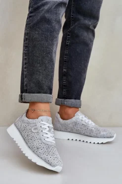 Zamszowe Wzorzyste Buty Sportowe Na Platformie Z Brokatem D&A LR51-635 Srebrne