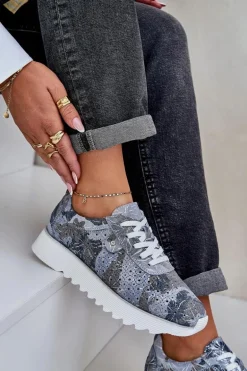 Zamszowe Wzorzyste Buty Sportowe Na Platformie Z Brokatem D&A LR51-635 Niebieskie