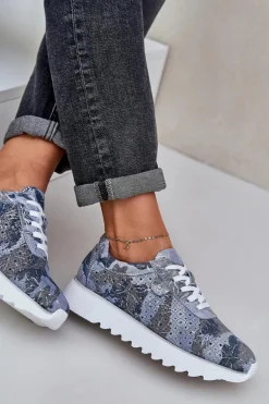 Zamszowe Wzorzyste Buty Sportowe Na Platformie Z Brokatem D&A LR51-635 Niebieskie